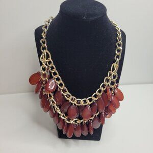 Etc! red acrylic beaded gold tone teardrop statement layered chunky necklace